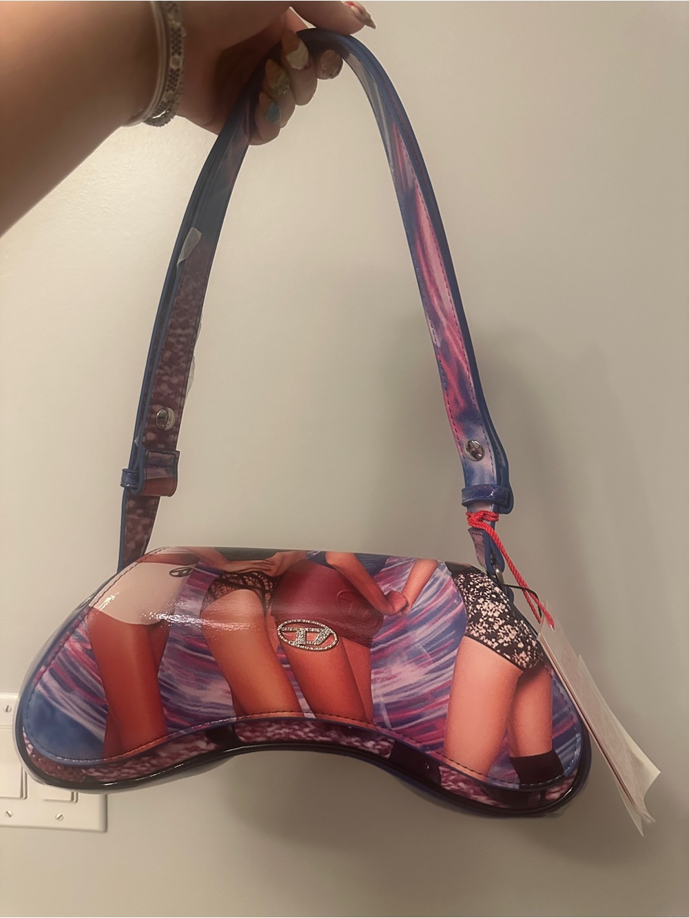 Diesel Graphic Shoulder Bag in Blue and Purple with Pink Accents